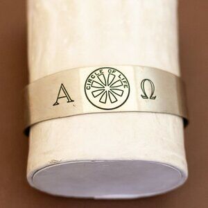 7 inch, Vintage Circle of Life Silver Tone Band Cuff Bracelet by RF Simons - U30